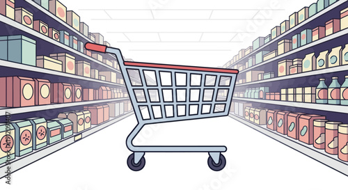 Shopping cart in a grocery store aisle with shelves of products.