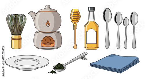 Illustration of a traditional tea ceremony set with matcha, honey, and utensils.