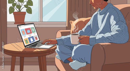Person enjoying online shopping and coffee at home