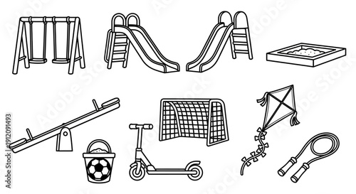 A set of line art icons featuring playground equipment and children's outdoor toys.