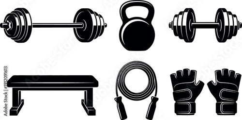 Gym Equipment Vector Icons – Barbell, Kettlebell, Bench, Jump Rope