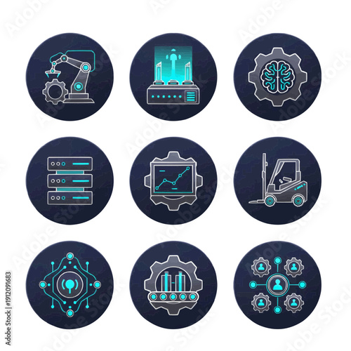 A collection of nine icons depicting various technology and industry related objects and concepts on a white background.