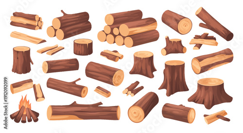 Firewood pile cartoon vector set, logs bonfire branches sticks forest wood tree burning bundle dry brushwood log trunk, bright illustration isolated on white background for camping and outdoor design.