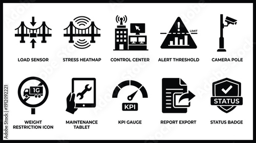 A collection of black and white icons for a software system