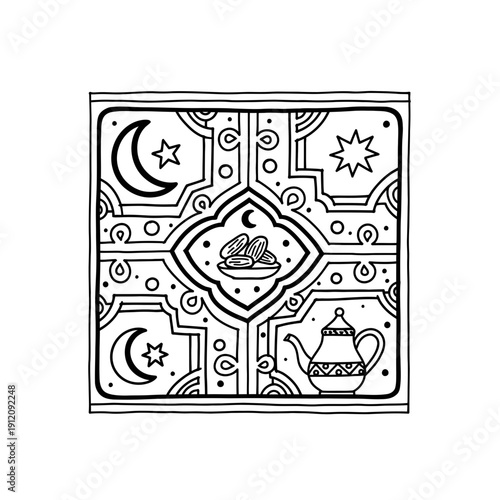Islamic Pattern with Crescent Moon and Teapot.