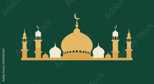 Mosque Silhouette with Minarets and Dome.