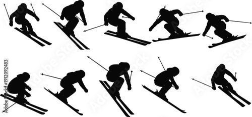 Set of black skier silhouettes featuring athletes in high speed downhill skiing poses including winter sports gear and poles for mountain adventure and competition designs