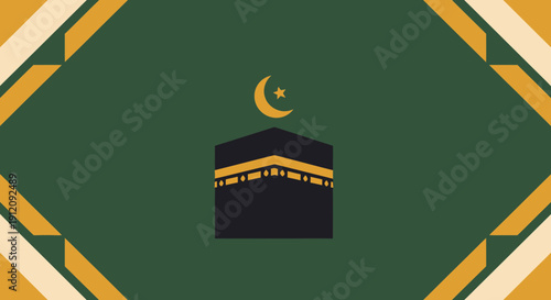 Kaaba Illustration with Crescent Moon Symbol.