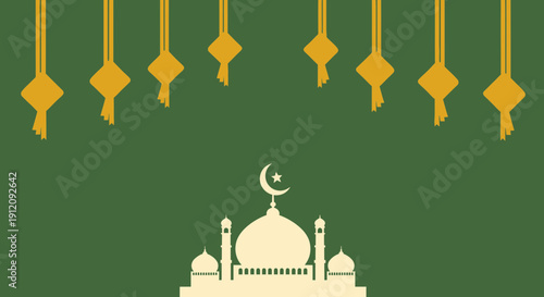 Islamic Mosque Illustration with Lanterns and Crescent.