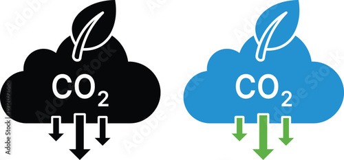 Black and blue clouds with CO2 text and downward arrows carbon dioxide reduction