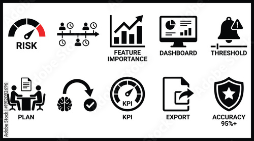 Business strategy and risk management icons set for dashboard and analytics