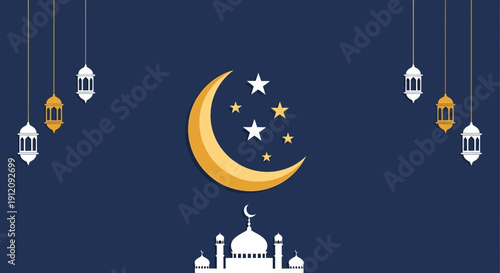 Islamic Crescent Moon Stars Mosque Lanterns Illustration.