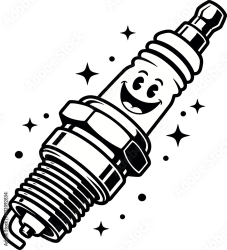 Vibrant graphic art showing a happy, stylized spark plug with sparkling starbursts, symbolizing efficient ignition and automotive power and readiness