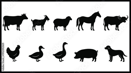 Black silhouettes of various farm animals on white background
