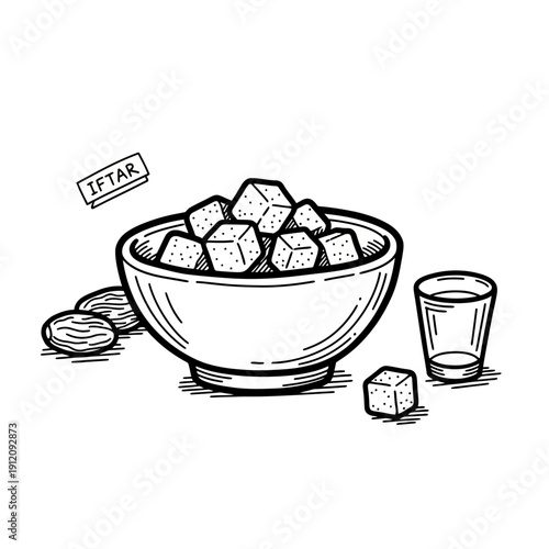 Bowl of Ice Cubes and Glass.