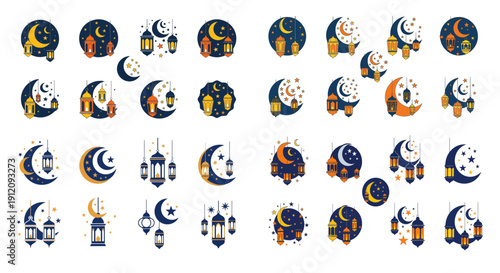 Collection of celestial body icons in various designs and colors.