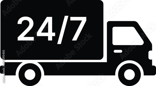 Black truck with white 24/7 text on white background delivery transport