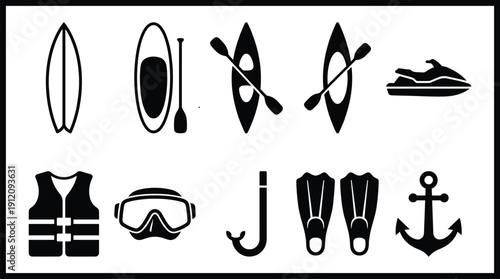Water Sports Equipment Icons Set Black Silhouettes