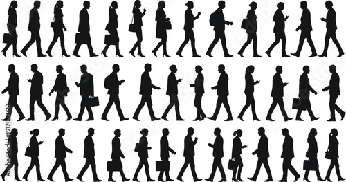 Business People Walking Silhouettes Collection, Corporate Professionals with Smartphones and Briefcases Vector