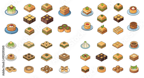 Assorted sweet and savory pastries and desserts icons set.