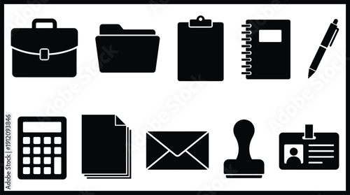 Office supplies and business icons in black and white