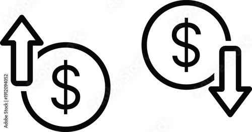 Dollar coin with upward arrow and dollar coin with downward arrow finance currency
