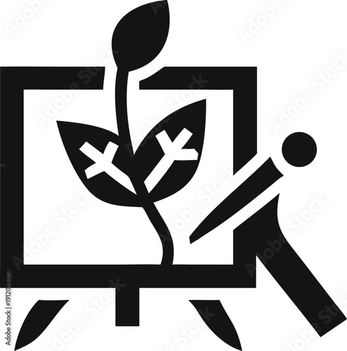 Figure pointing at a growing plant on an easel with marked leaves for botanical study