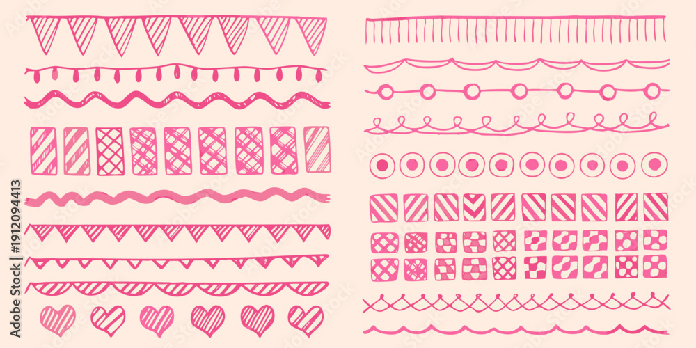 Naklejka premium Collection of pink hand drawn doodle borders and decorative elements