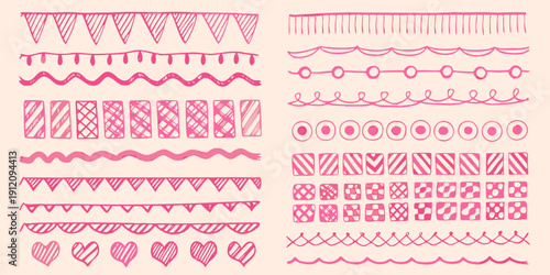 Collection of pink hand drawn doodle borders and decorative elements