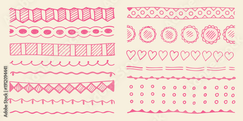 Collection of hand drawn pink decorative borders and repeating patterns