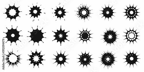 Collection of black ink splatters arranged in circular and spiky forms