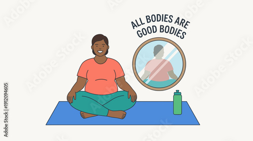 Body positivity woman meditating on yoga mat self care wellness outline flat vector illustration mental health concept isolated on white background
