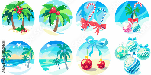Tropical themes combined with christmas ornaments in circular designs