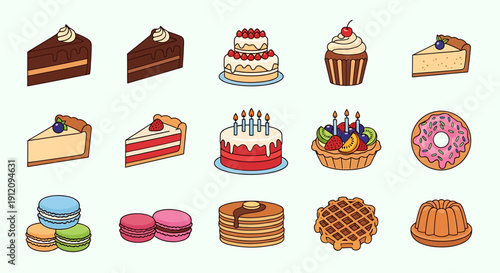 Colorful cartoon illustrations of various sweet desserts and baked goods on light background