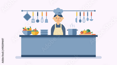 Chef cooking in kitchen with utensils food preparation professional cooking soft gradient flat vector illustration restaurant kitchen concept isolated on white background