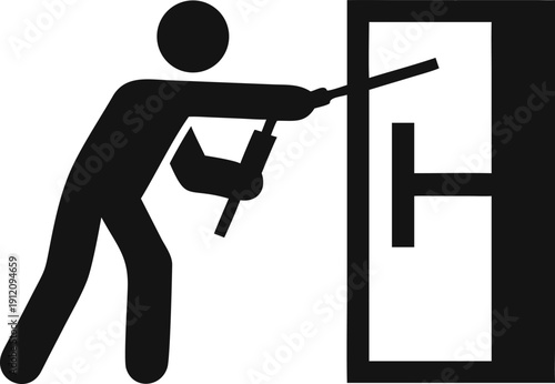 Individual attempting to force open a locked door panel with a specialized long tool