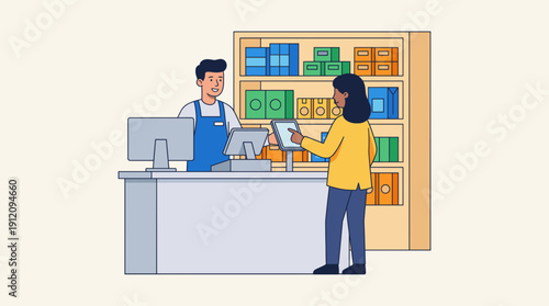 Customer paying at store counter with cashier digital checkout retail transaction outline flat vector illustration shopping payment concept isolated on white background
