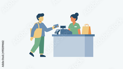 Customer paying with credit card at checkout cashier retail payment soft gradient flat vector illustration shopping transaction concept isolated on white background