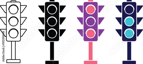 Four stylized traffic lights in black white purple pink and blue teal signal stoplight