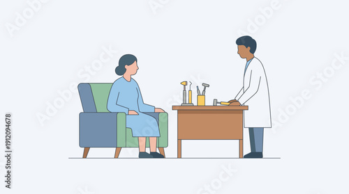 Doctor consultation with patient in clinic medical checkup healthcare outline flat vector illustration health service concept isolated on white background