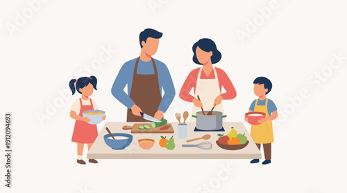Family cooking together in kitchen preparing meal bonding activity soft gradient flat vector illustration home cooking concept isolated on white background