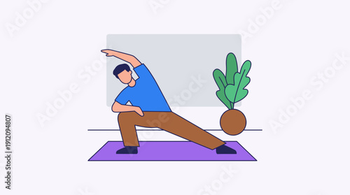 Man stretching exercise on yoga mat home workout fitness routine outline flat vector illustration healthy lifestyle concept isolated on white background