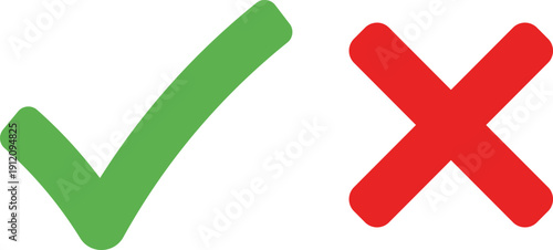 Green check mark symbol and red cross symbol on white background correct