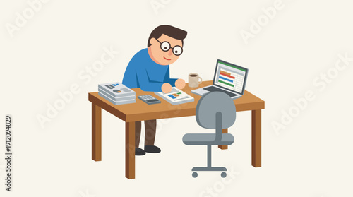 Office work financial analysis laptop reports calculator soft gradient flat vector illustration accounting finance management concept isolated on white background