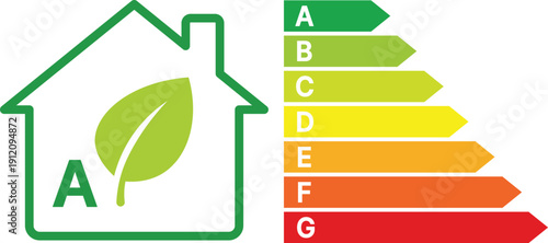 Green house with leaf and energy efficiency rating scale A to G
