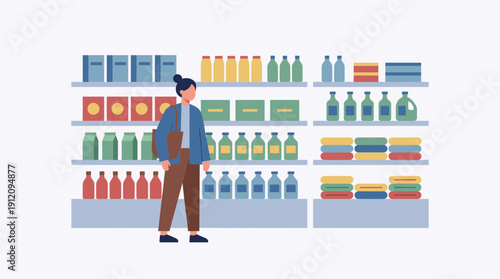 Supermarket shopping woman choosing products retail store aisle consumer behavior soft gradient flat vector illustration grocery shopping concept isolated on white background