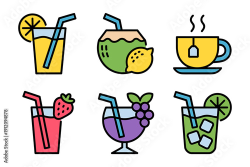 Colorful drinks with straws and fruits on white background