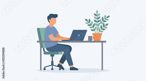 Remote work at home office laptop productivity workspace soft gradient flat vector illustration freelance job concept isolated on white background