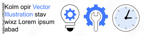 Productivity, teamwork, time efficiency, innovation, engineering, management. Gear mechanism, clock light bulb and wrench in circular gear arrangement. Productivity and teamwork visuals