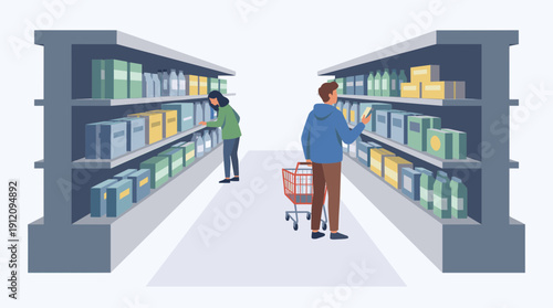 Supermarket shopping product selection consumer choice soft gradient flat vector illustration retail buying behavior decision concept isolated on white background
